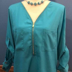 Easter Egg Blue Tunic Top ~ Calvin Klein ~ Roll Tab Sleeve ~ Zipper Front